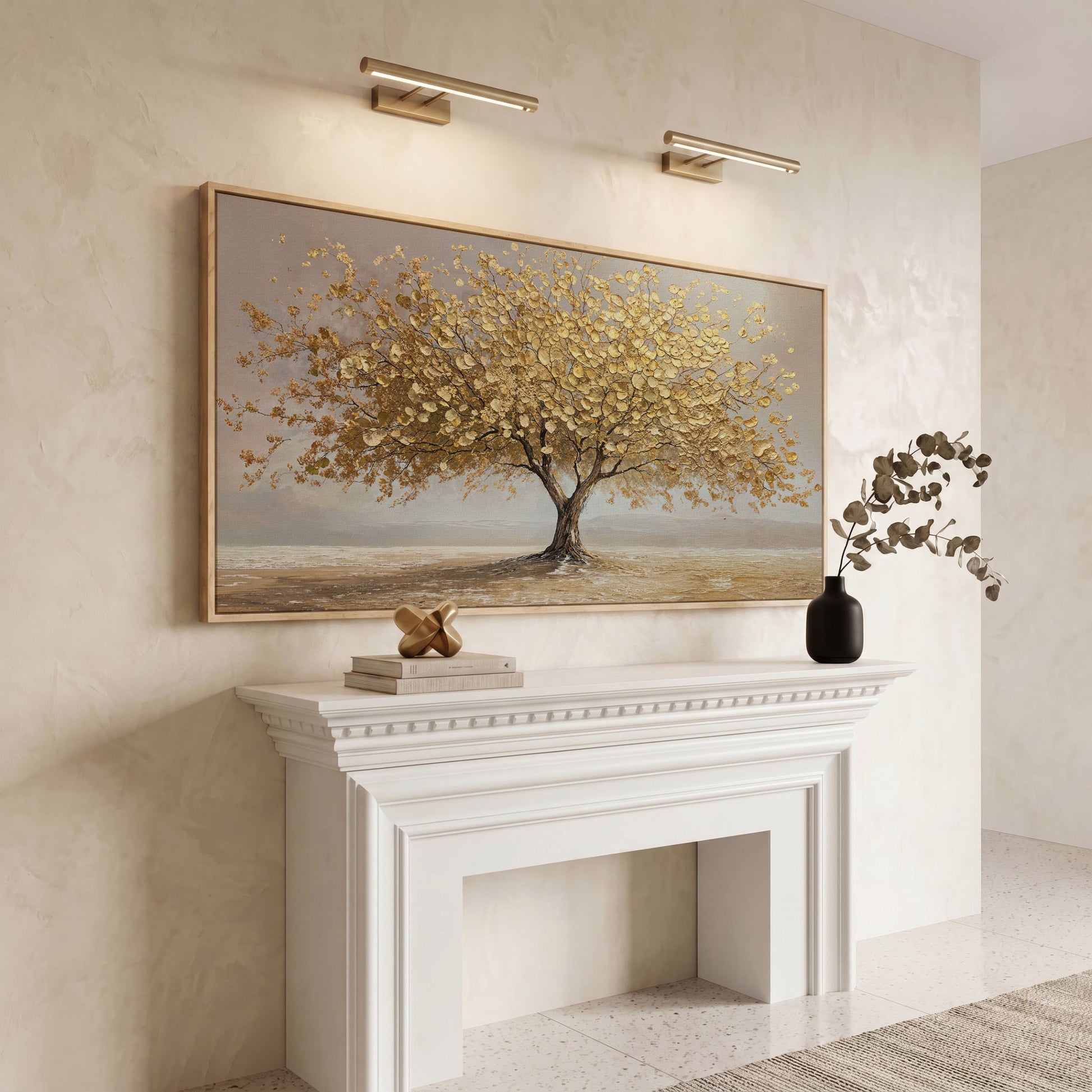 Solitary Golden Tree Autumn Canvas in white oak floating frame