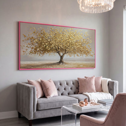 Solitary Golden Tree Autumn Canvas in pink floating frame