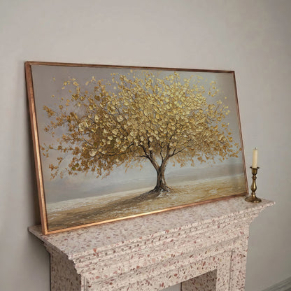 Solitary Golden Tree Autumn Canvas in rose gold floating frame