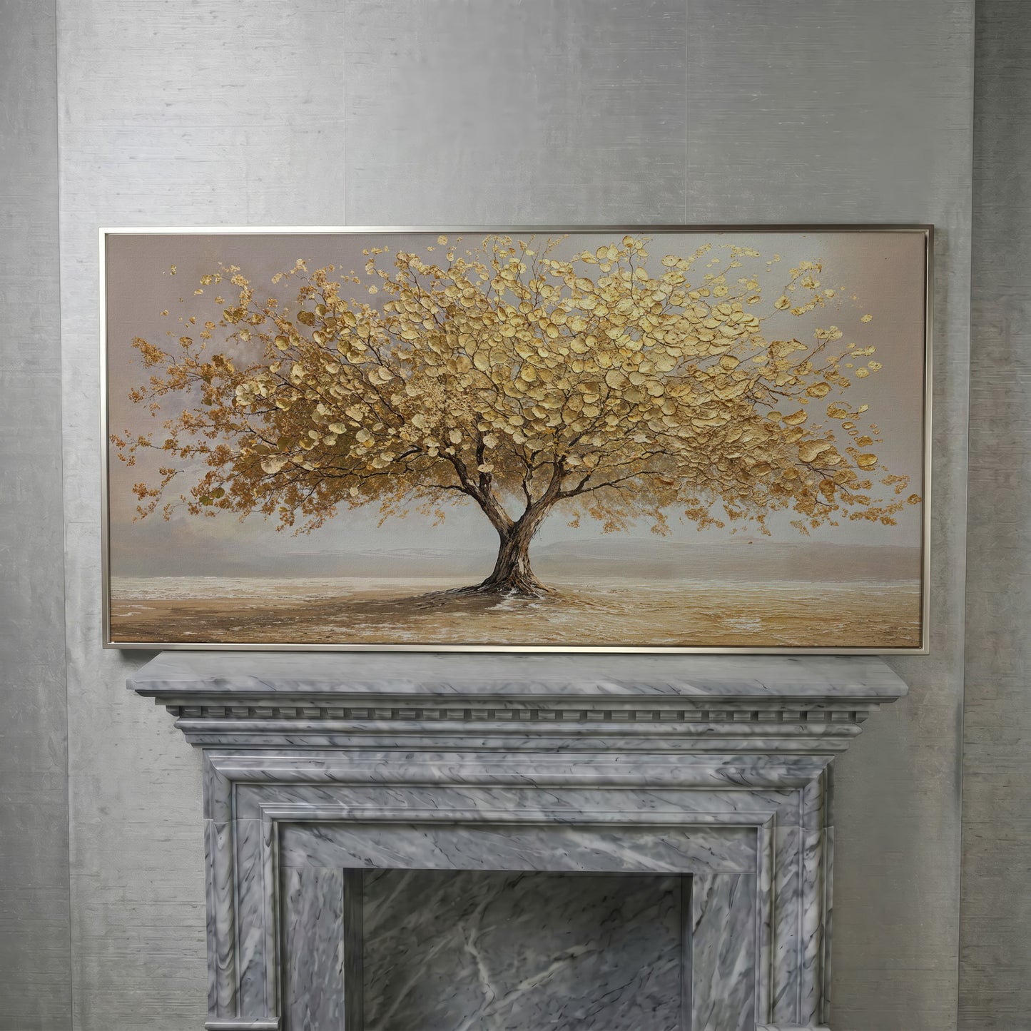 Solitary Golden Tree Autumn Canvas in silver floating frame