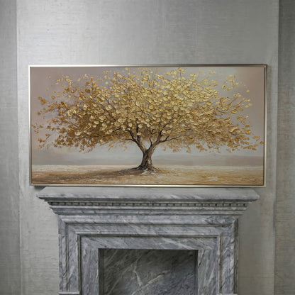 Solitary Golden Tree Autumn Canvas in silver floating frame