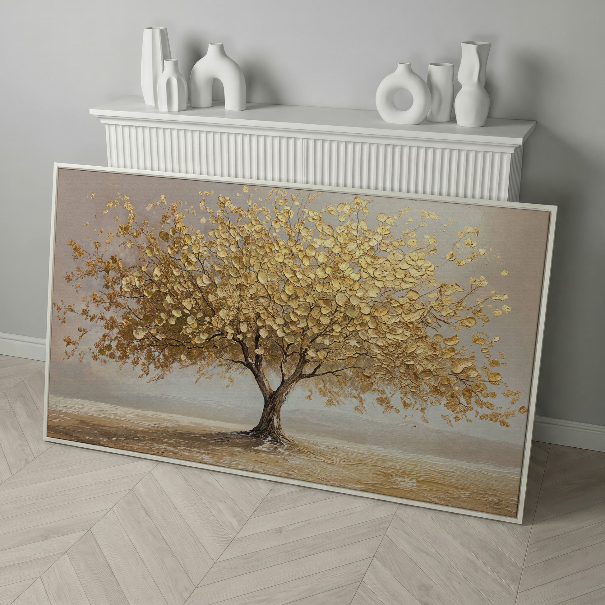 Solitary Golden Tree Autumn Canvas in white floating frame
