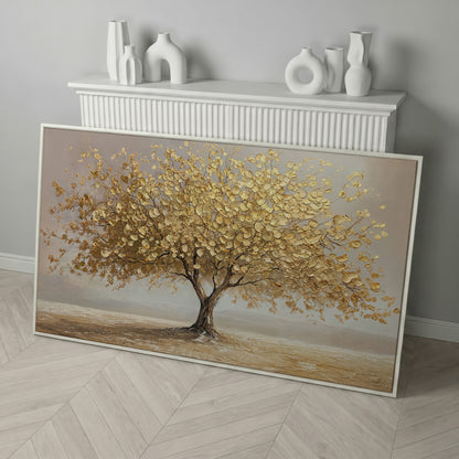 Solitary Golden Tree Autumn Canvas in white floating frame