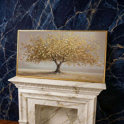 Solitary Golden Tree Autumn Canvas in yellow gold floating frame