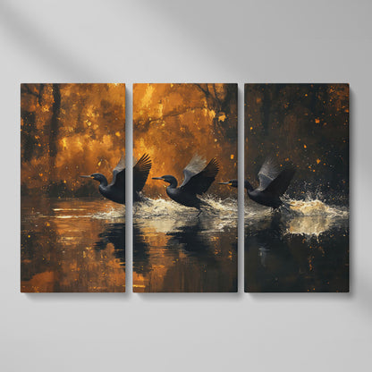 Flying Black Ducks Canvas Print as 3-panel split version