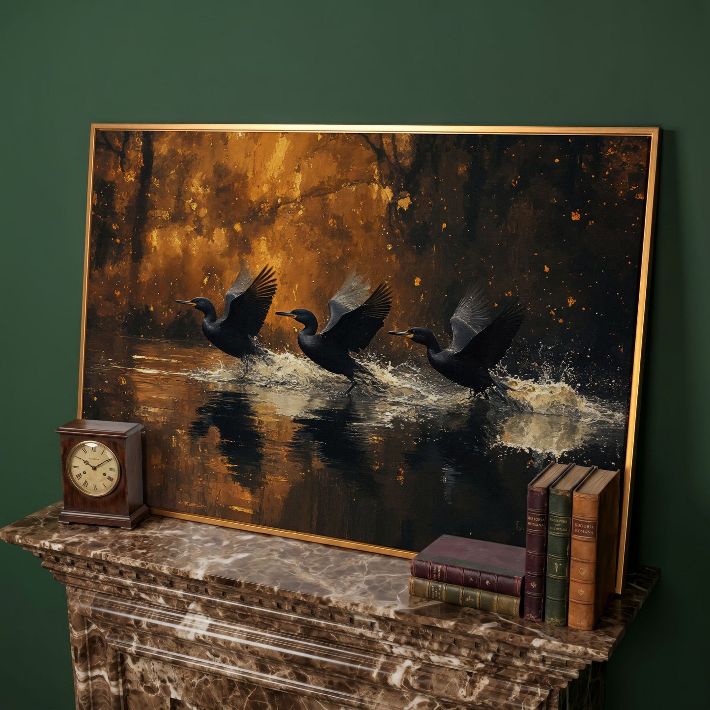 Flying Black Ducks Canvas Print in antique gold floating frame