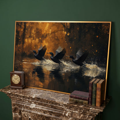Flying Black Ducks Canvas Print in antique gold floating frame