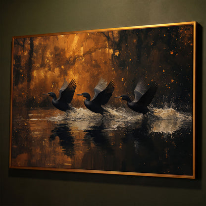 Flying Black Ducks Canvas Print shown in antique gold floating frame