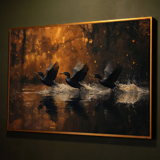 Flying Black Ducks Canvas Print shown in antique gold floating frame