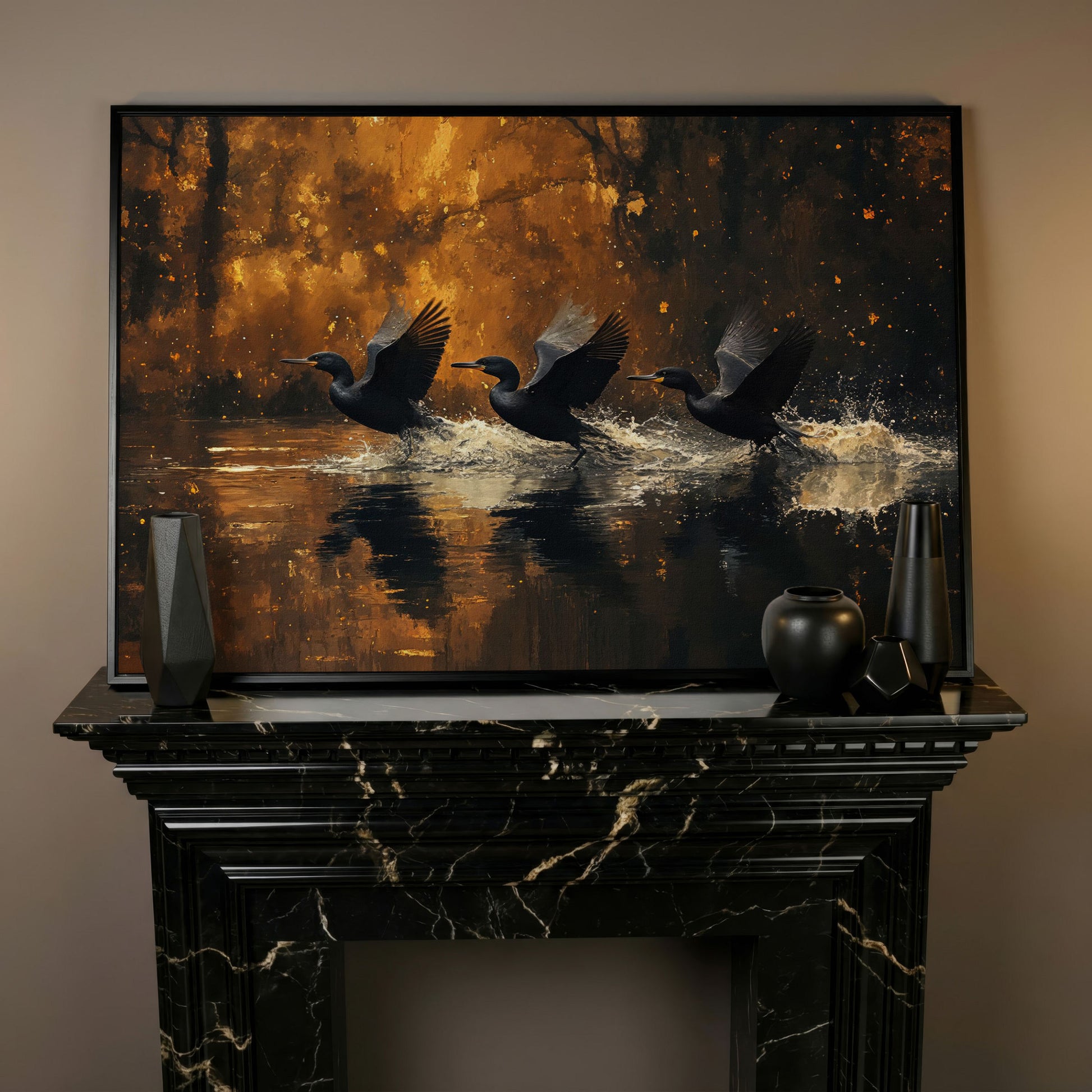 Flying Black Ducks Canvas Print in black floating frame