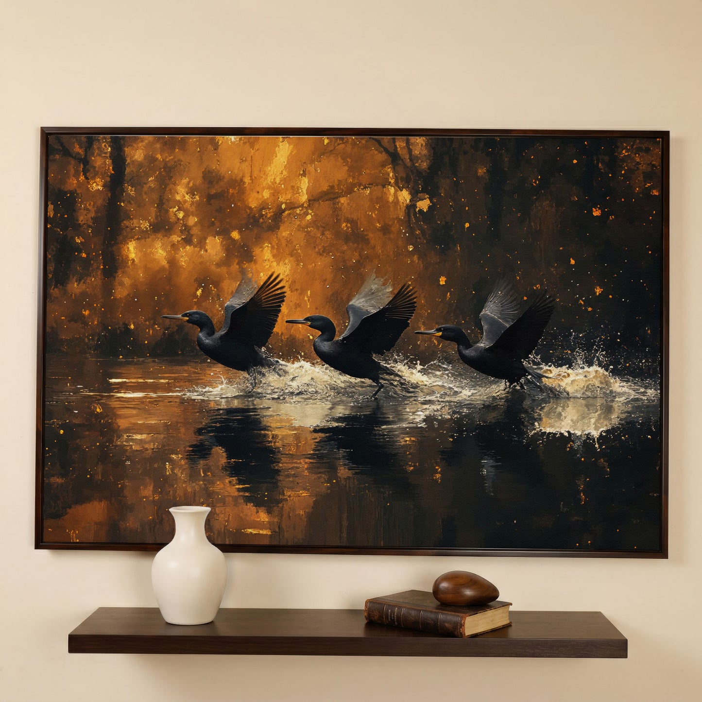Flying Black Ducks Canvas Print in dark walnut floating frame