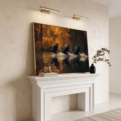 Flying Black Ducks Canvas Print in white oak floating frame