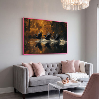 Flying Black Ducks Canvas Print in pink floating frame