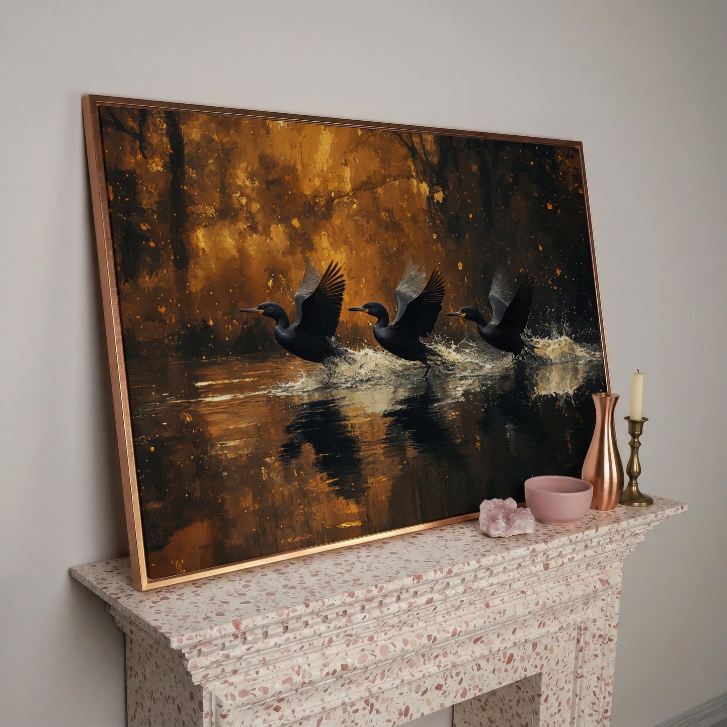 Flying Black Ducks Canvas Print in rose gold floating frame