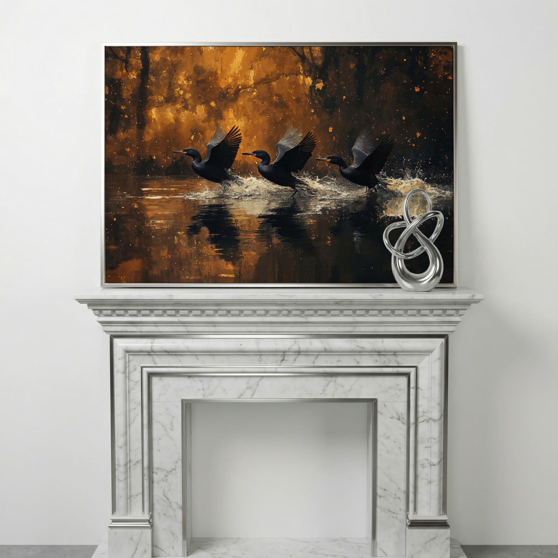 Flying Black Ducks Canvas Print in silver floating frame