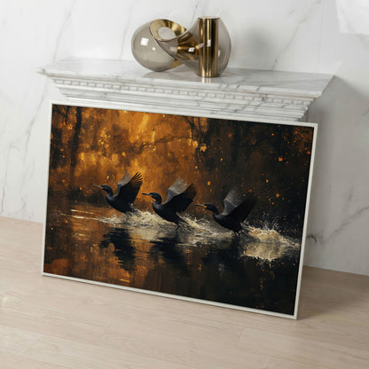 Flying Black Ducks Canvas Print in white floating frame