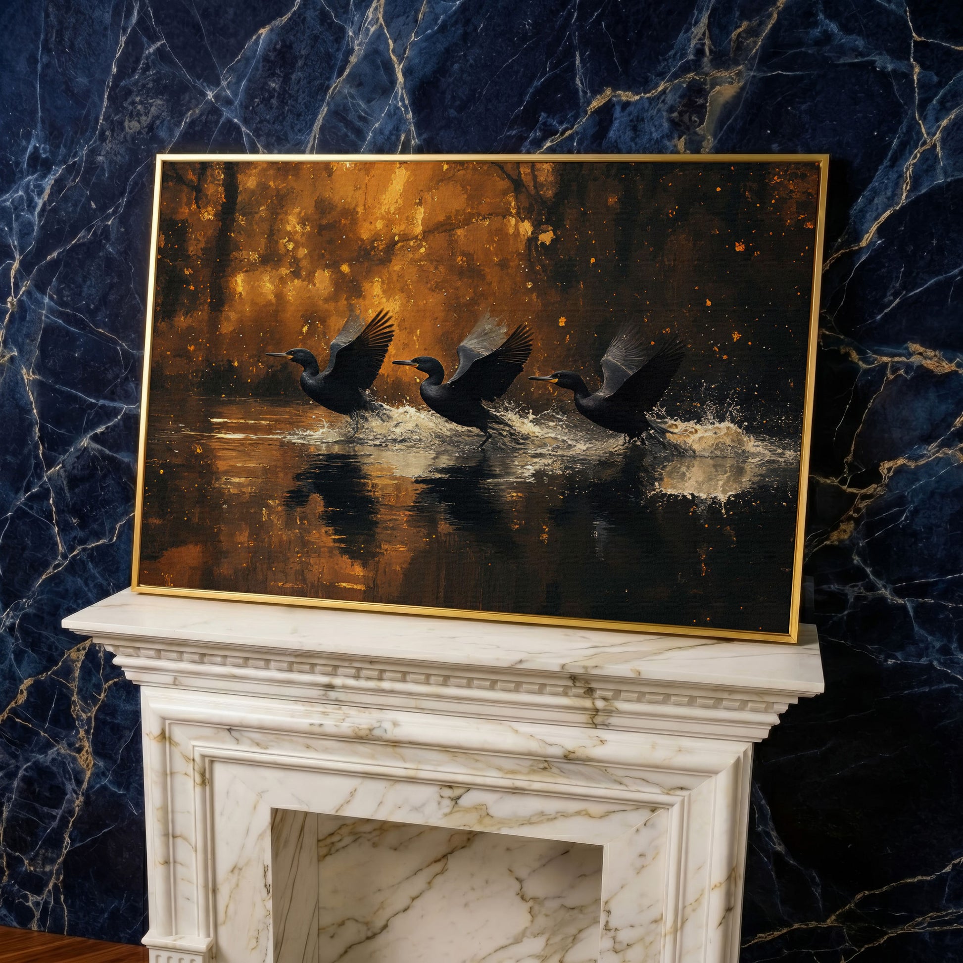 Flying Black Ducks Canvas Print in yellow gold floating frame