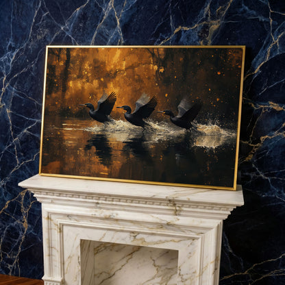 Flying Black Ducks Canvas Print in yellow gold floating frame