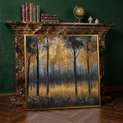 Serene Autumn Scene with Black Gold Trees Canvas in antique gold floating frame