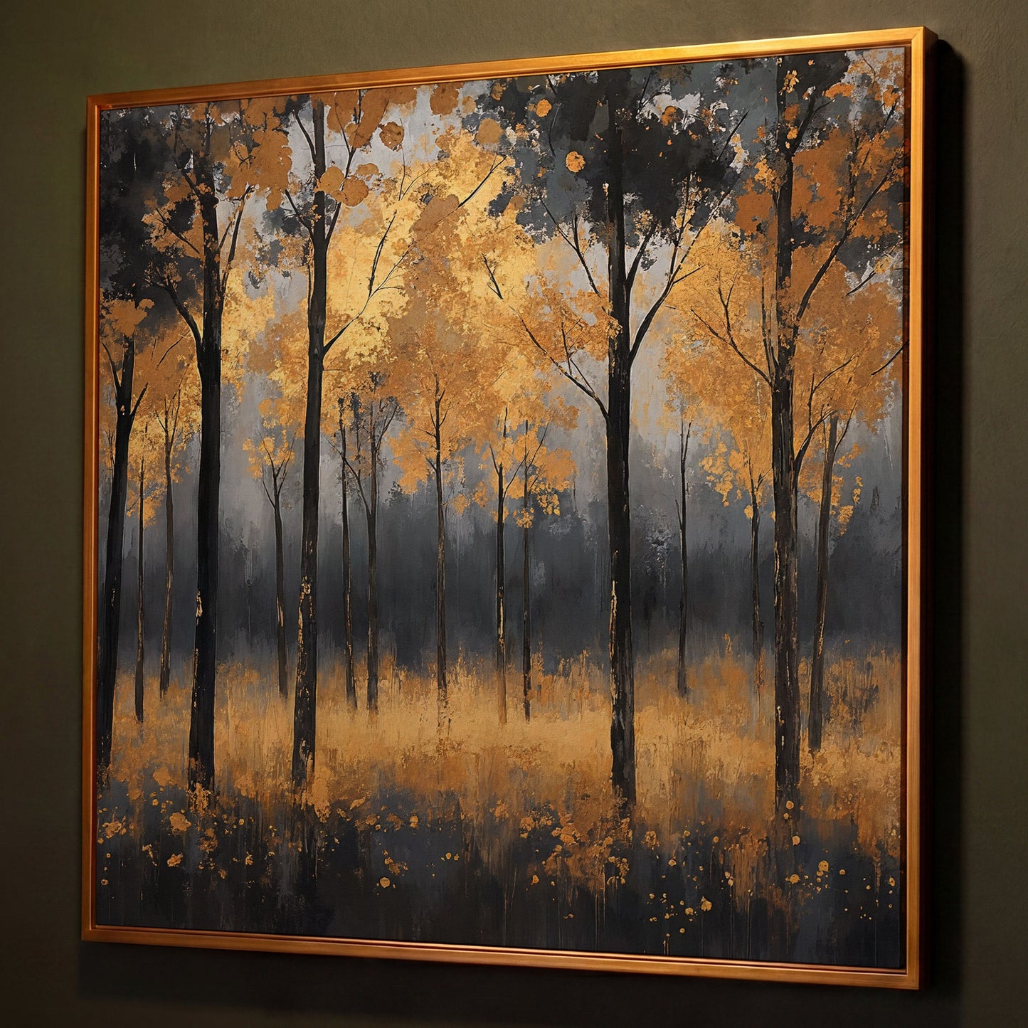 Serene Autumn Scene with Black Gold Trees Canvas shown in antique gold floating frame
