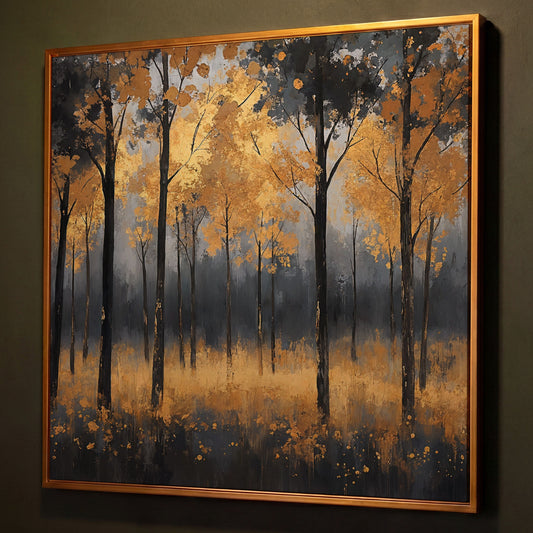 Serene Autumn Scene with Black Gold Trees Canvas shown in antique gold floating frame