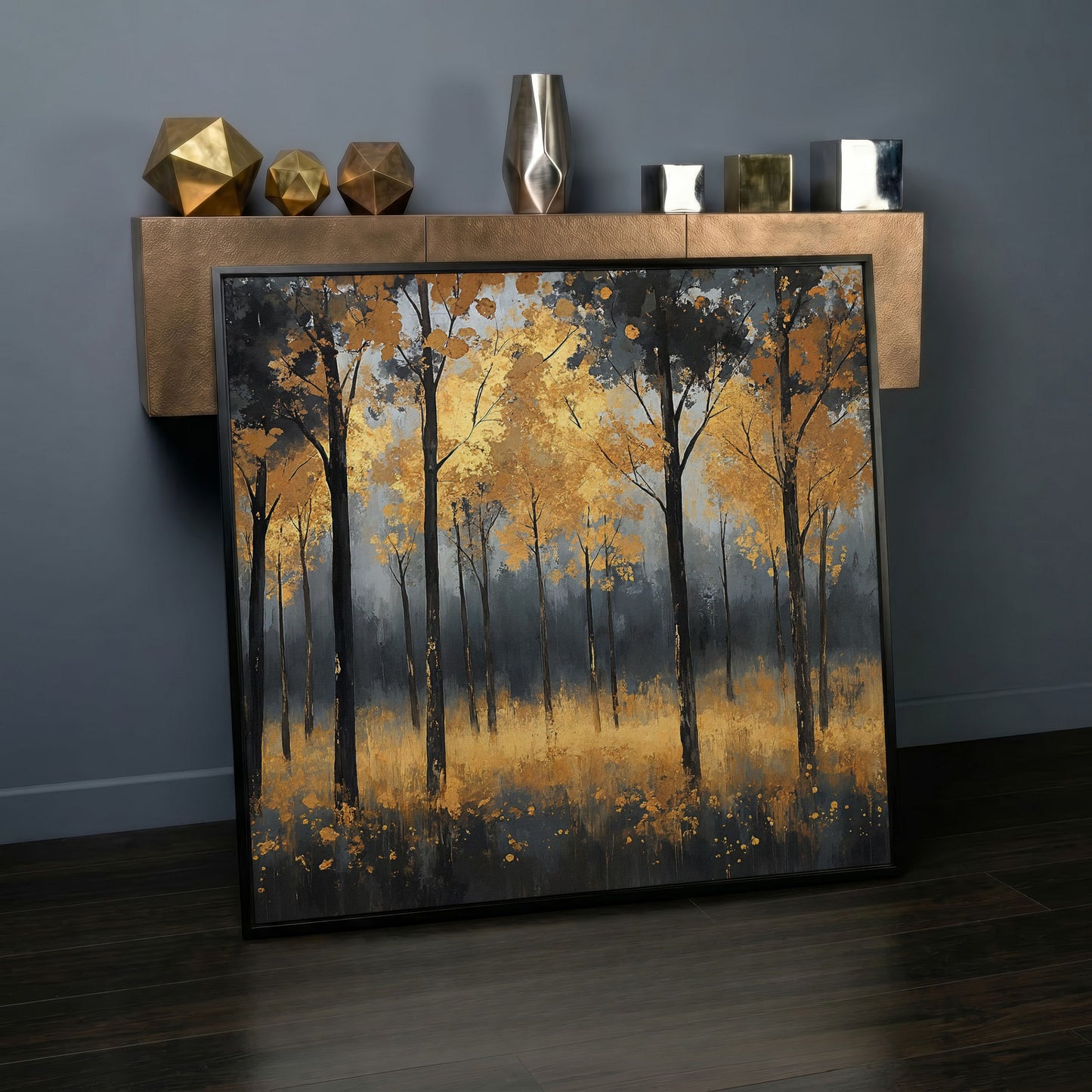 Serene Autumn Scene with Black Gold Trees Canvas in black floating frame