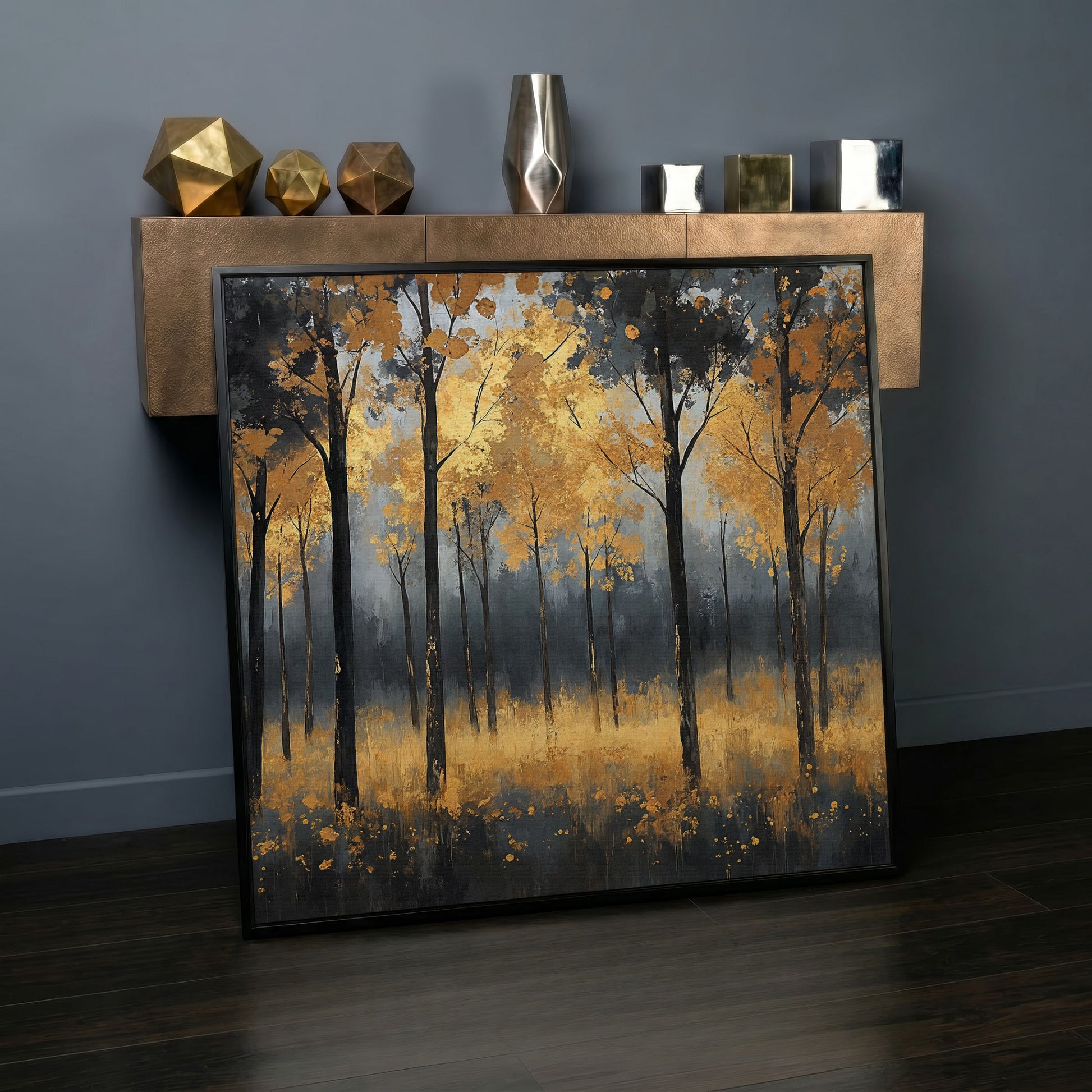 Serene Autumn Scene with Black Gold Trees Canvas in black floating frame