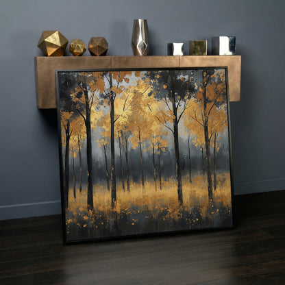 Serene Autumn Scene with Black Gold Trees Canvas in black floating frame