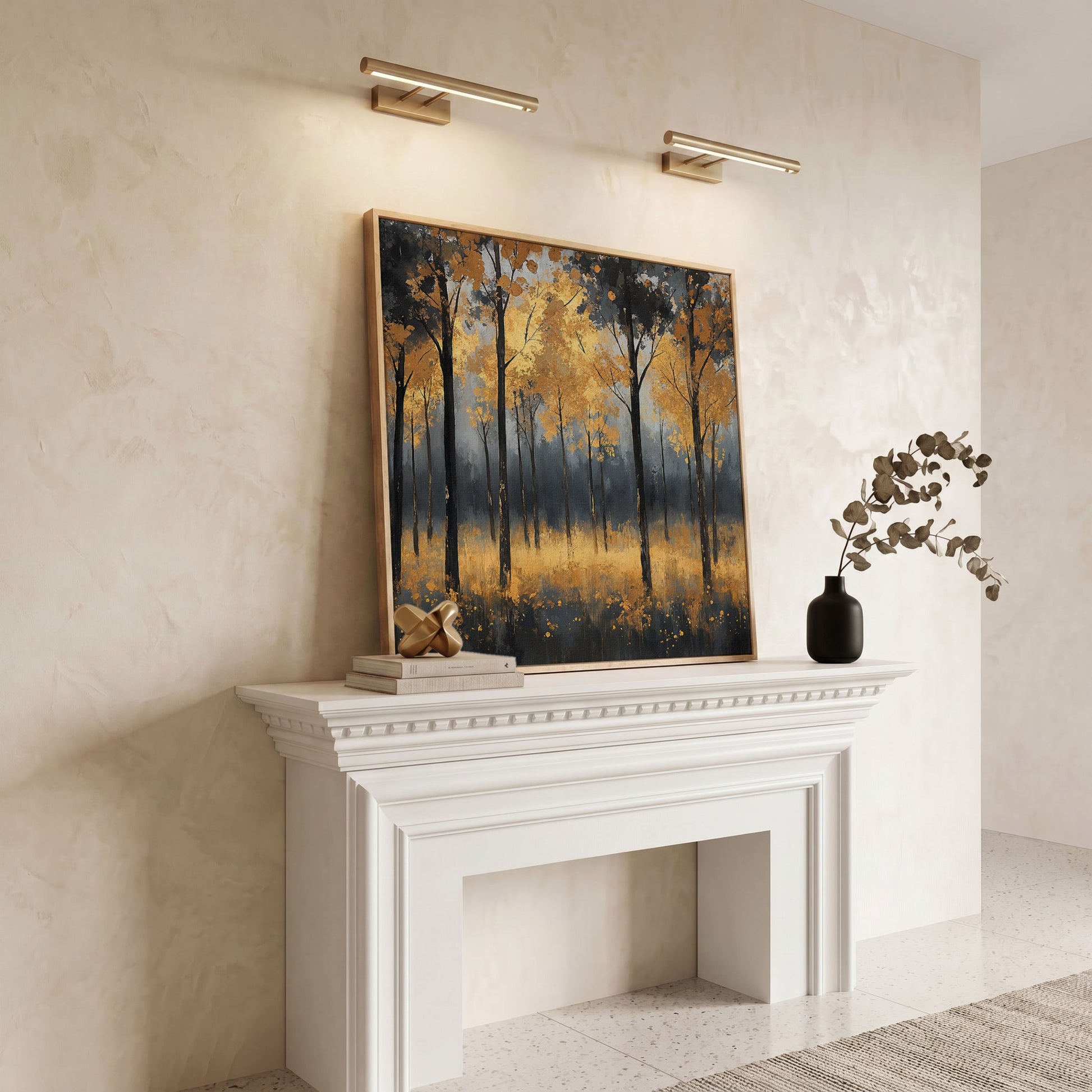 Serene Autumn Scene with Black Gold Trees Canvas in white oak floating frame