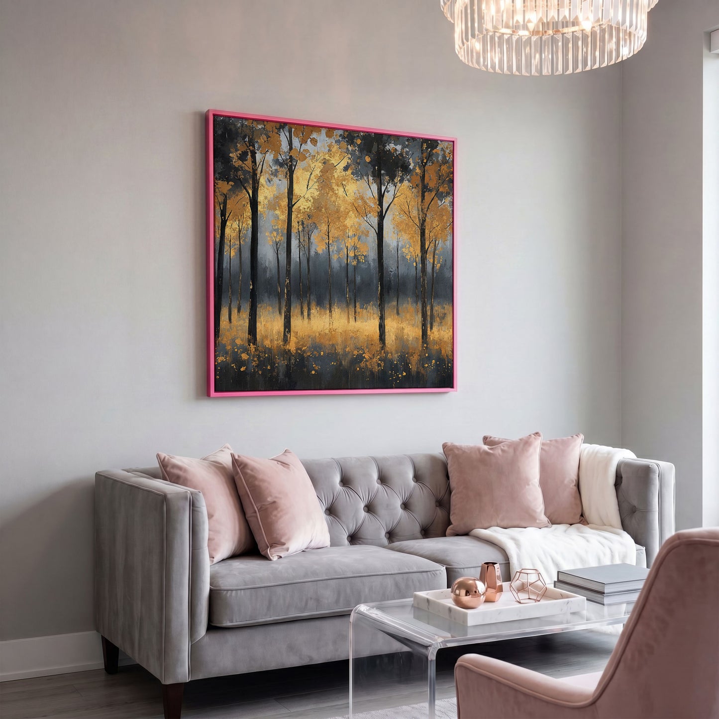 Serene Autumn Scene with Black Gold Trees Canvas in pink floating frame