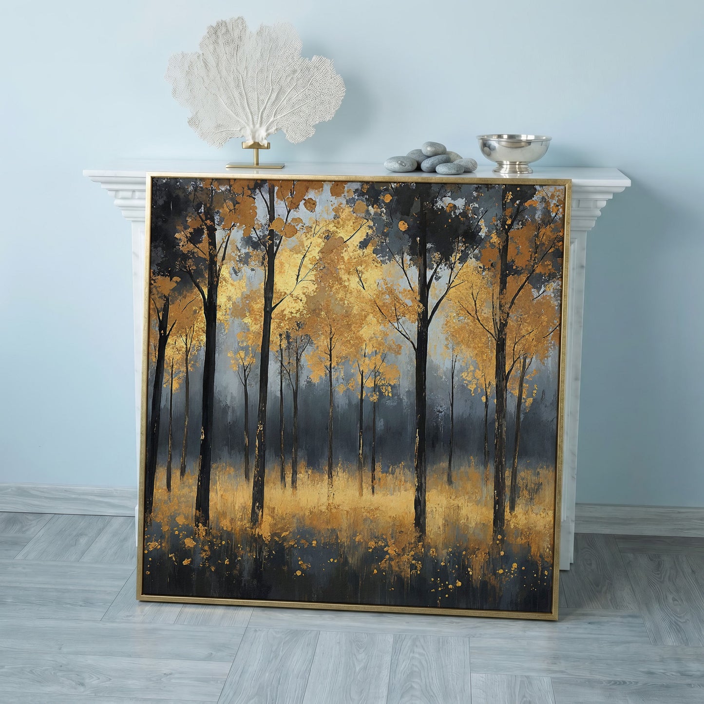 Serene Autumn Scene with Black Gold Trees Canvas in rose gold floating frame