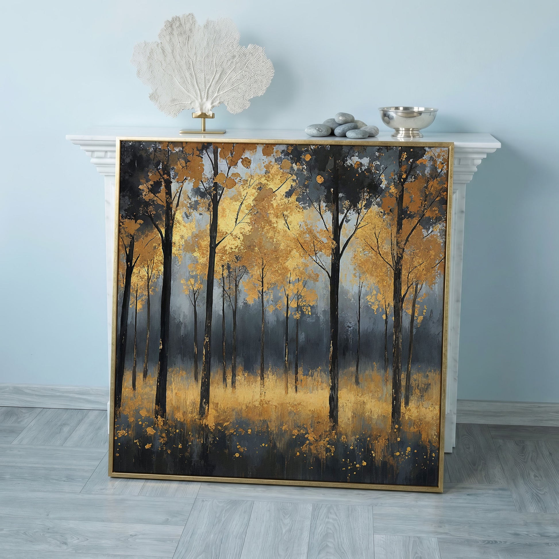 Serene Autumn Scene with Black Gold Trees Canvas in rose gold floating frame