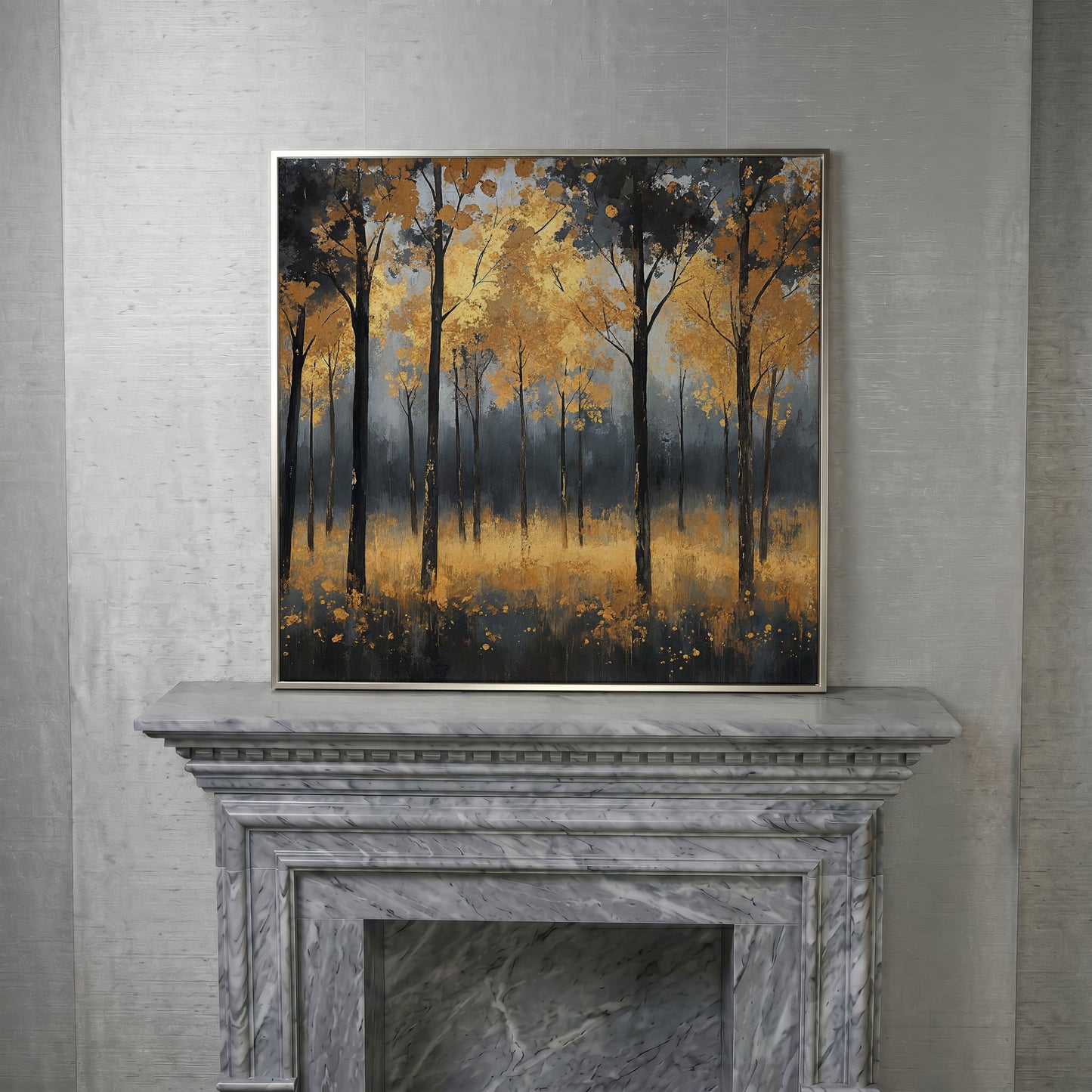 Serene Autumn Scene with Black Gold Trees Canvas in silver floating frame