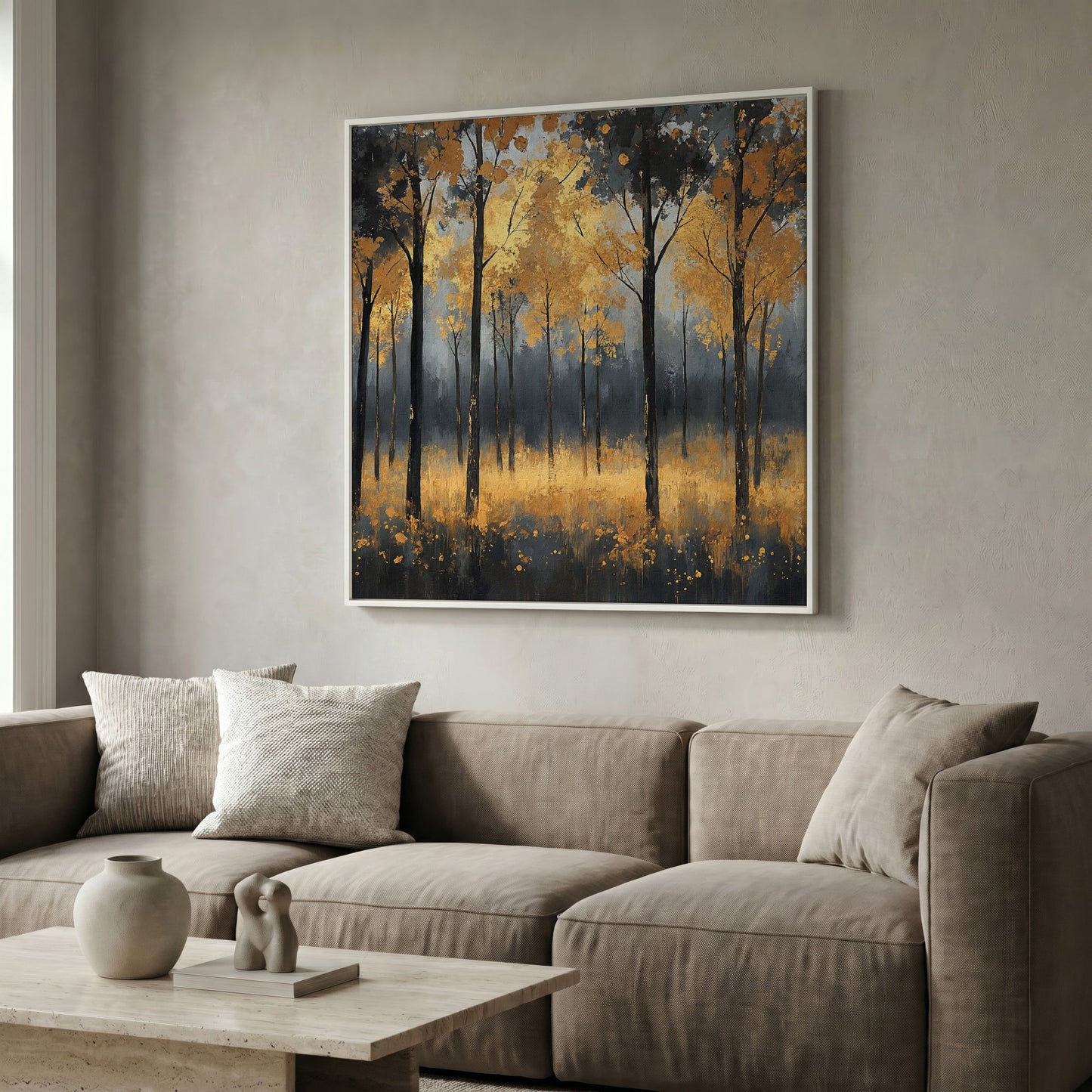 Serene Autumn Scene with Black Gold Trees Canvas in white floating frame