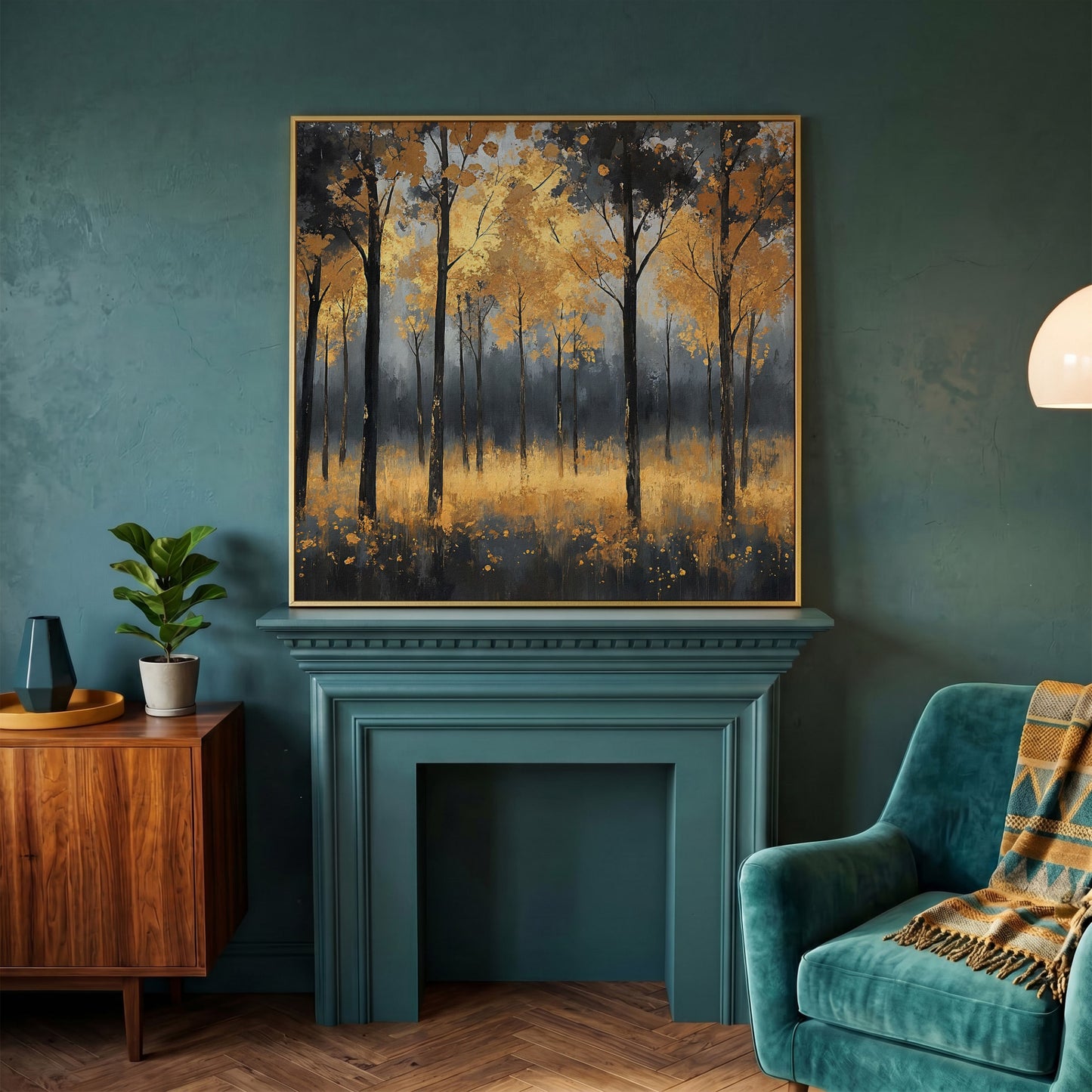 Serene Autumn Scene with Black Gold Trees Canvas in yellow gold floating frame