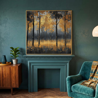 Serene Autumn Scene with Black Gold Trees Canvas in yellow gold floating frame