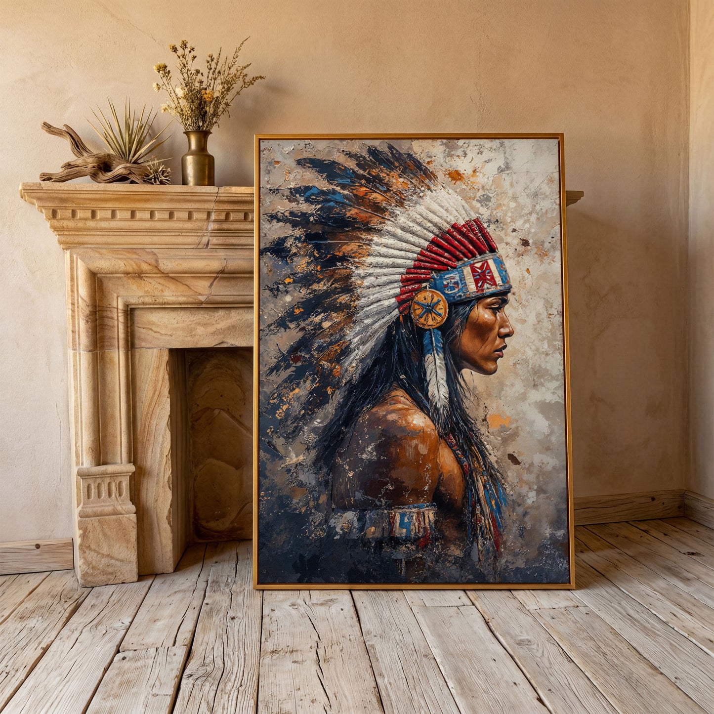 Native American Chief with Feather Headdress Canvas Art in antique gold floating frame