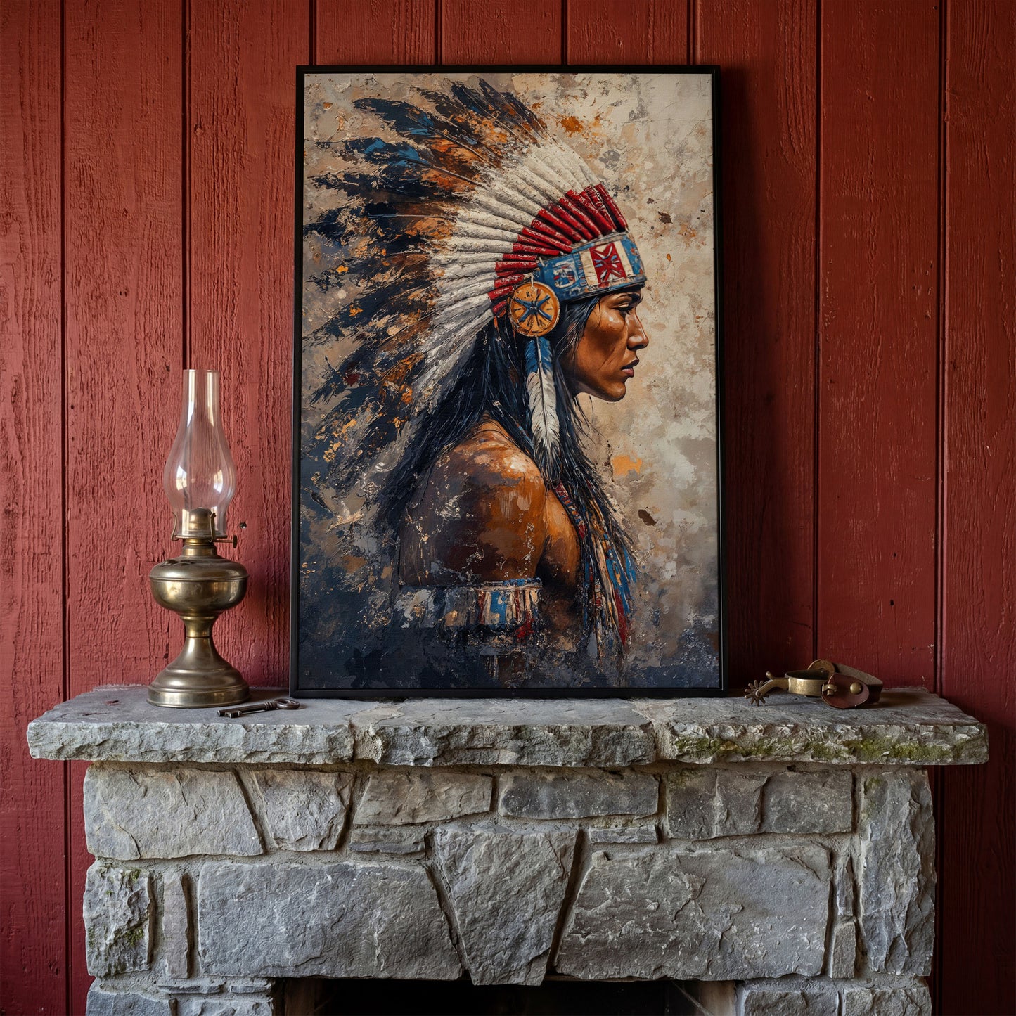 Native American Chief with Feather Headdress Canvas Art in black floating frame