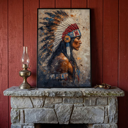 Native American Chief with Feather Headdress Canvas Art in black floating frame