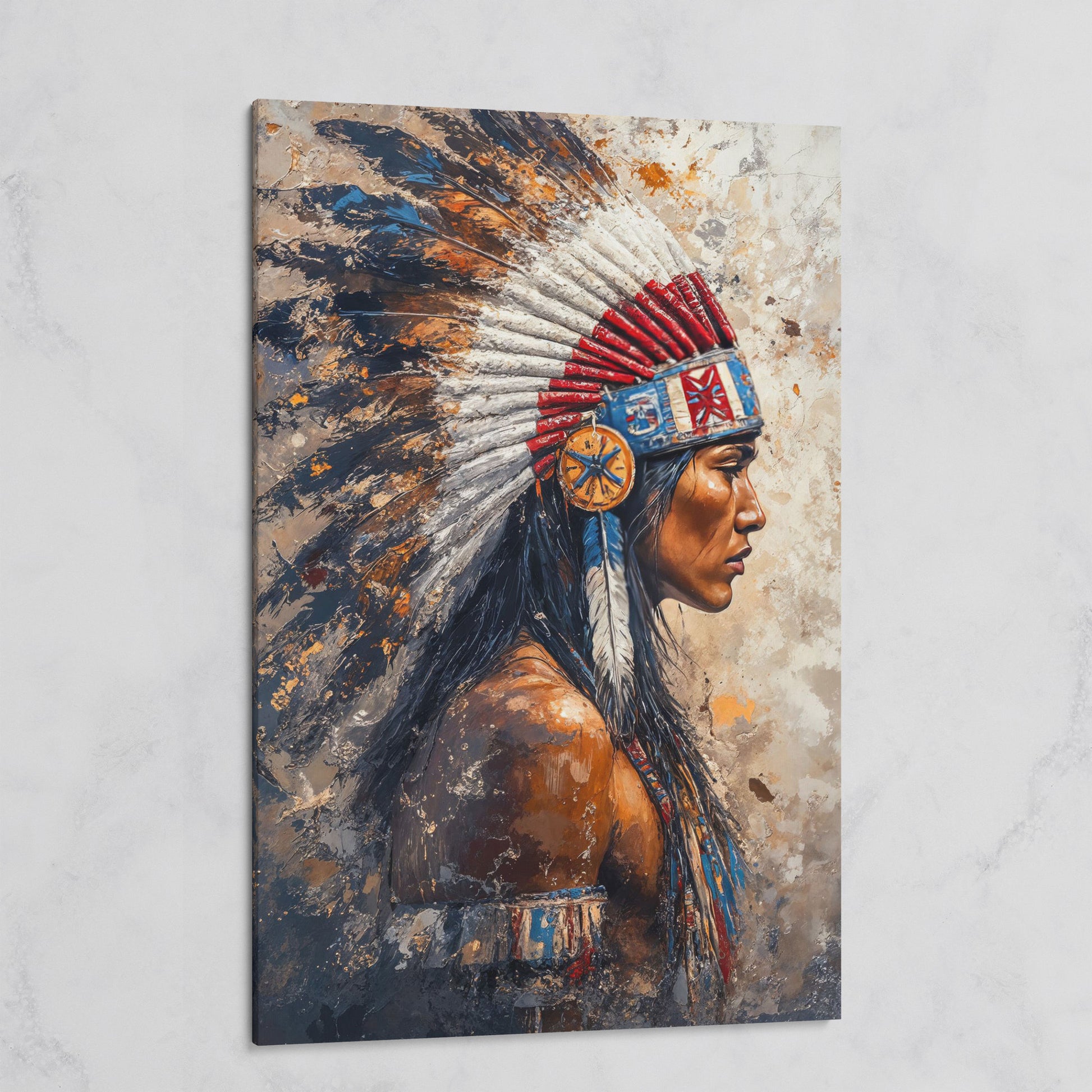 Native American Chief with Feather Headdress Canvas Art on gallery wrap