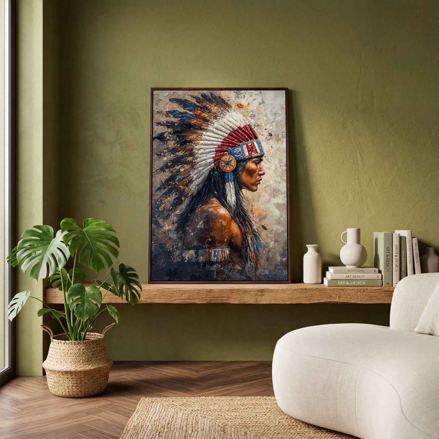 Native American Chief with Feather Headdress Canvas Art in dark walnut floating frame