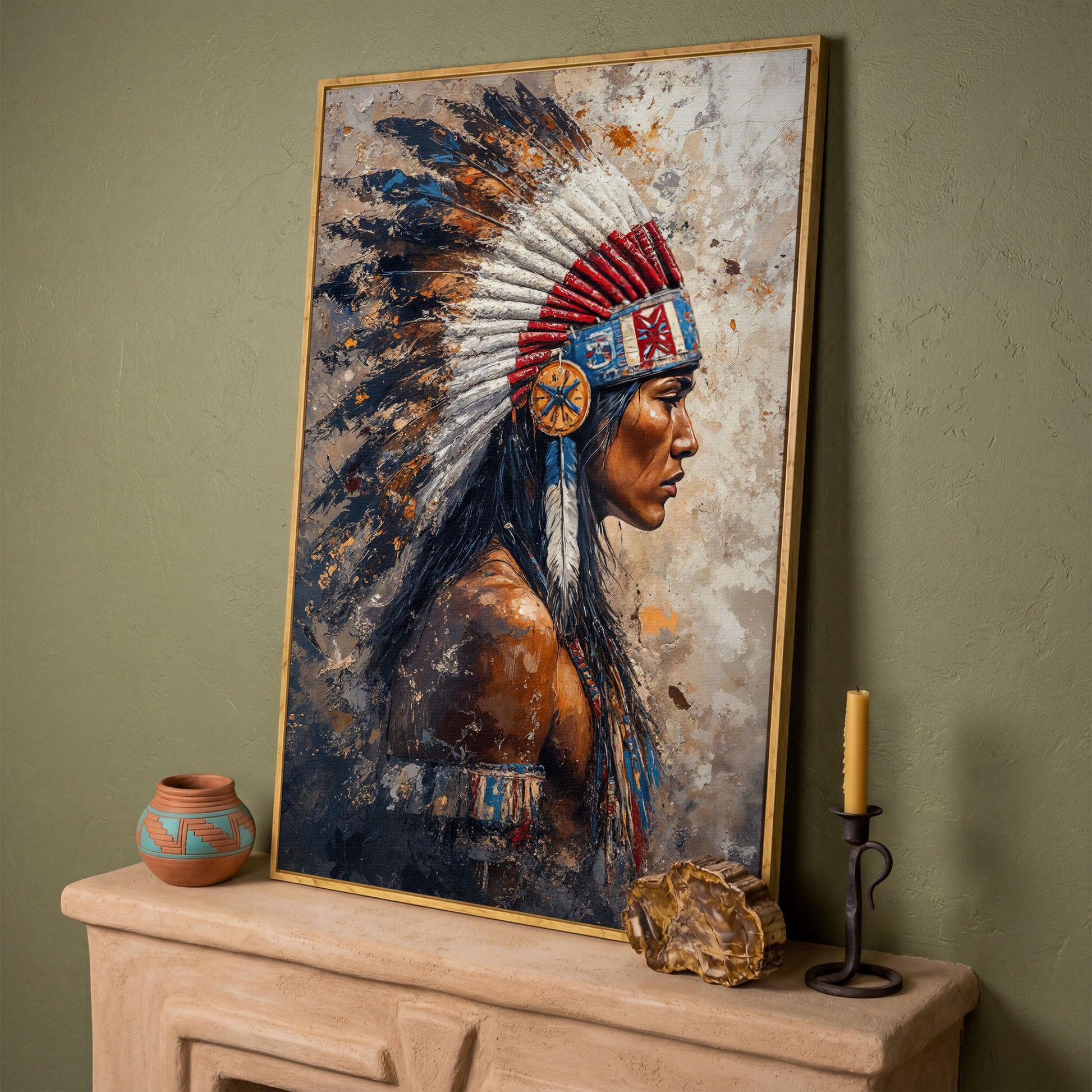 Native American Chief with Feather Headdress Canvas Art in white oak floating frame