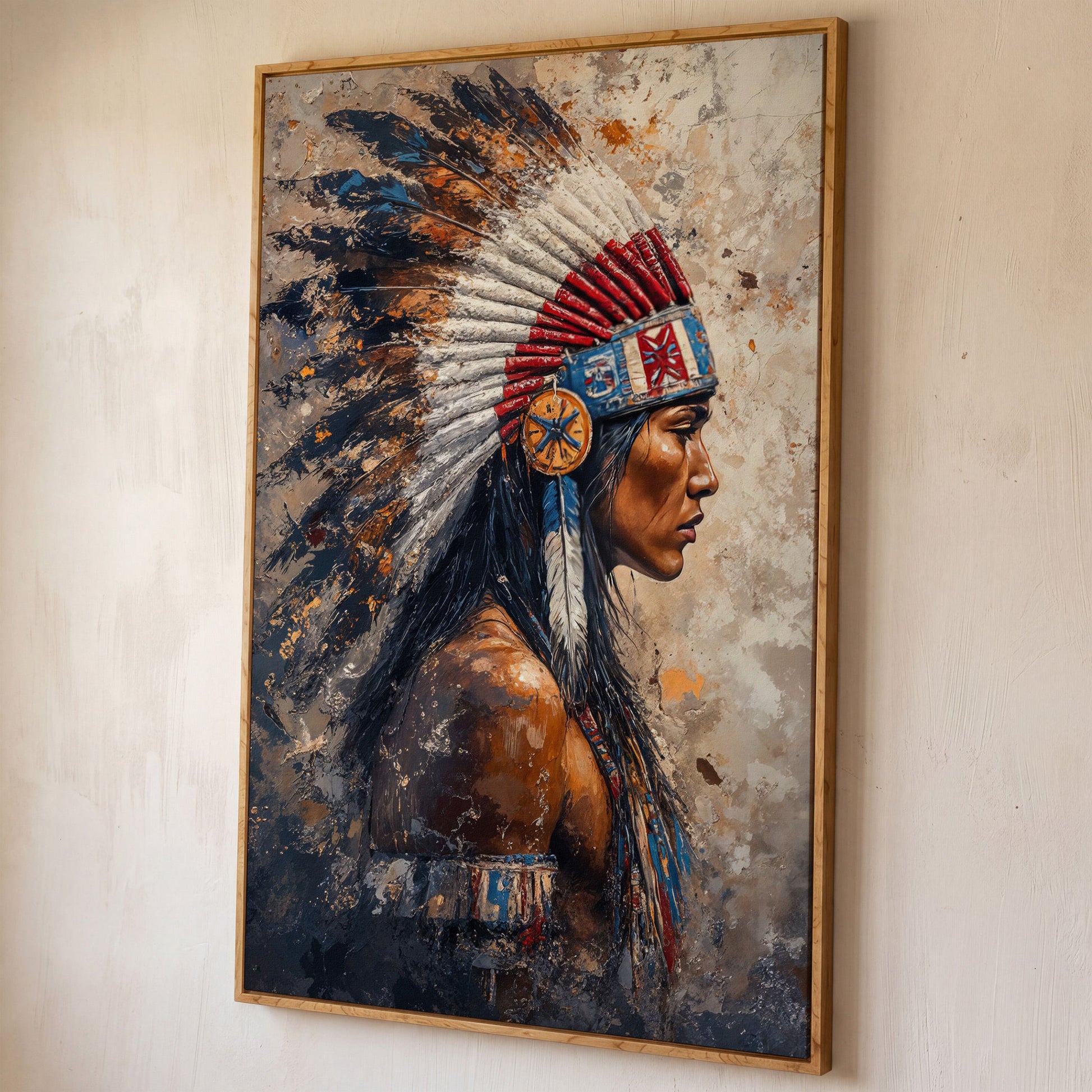 Native American Chief with Feather Headdress Canvas Art shown in white oak floating frame
