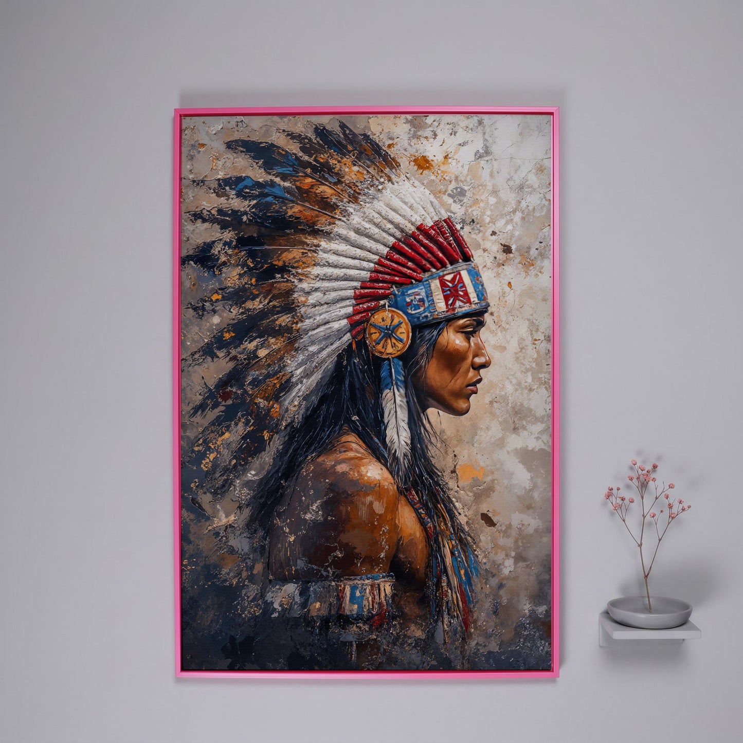 Native American Chief with Feather Headdress Canvas Art in pink floating frame