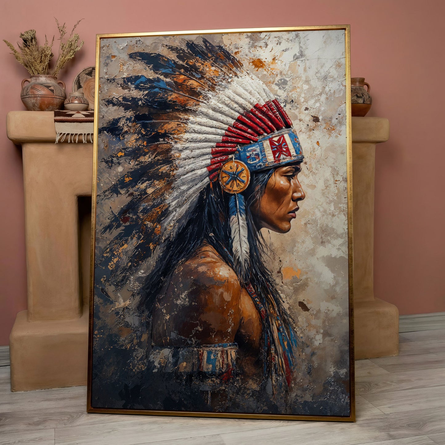 Native American Chief with Feather Headdress Canvas Art in rose gold floating frame