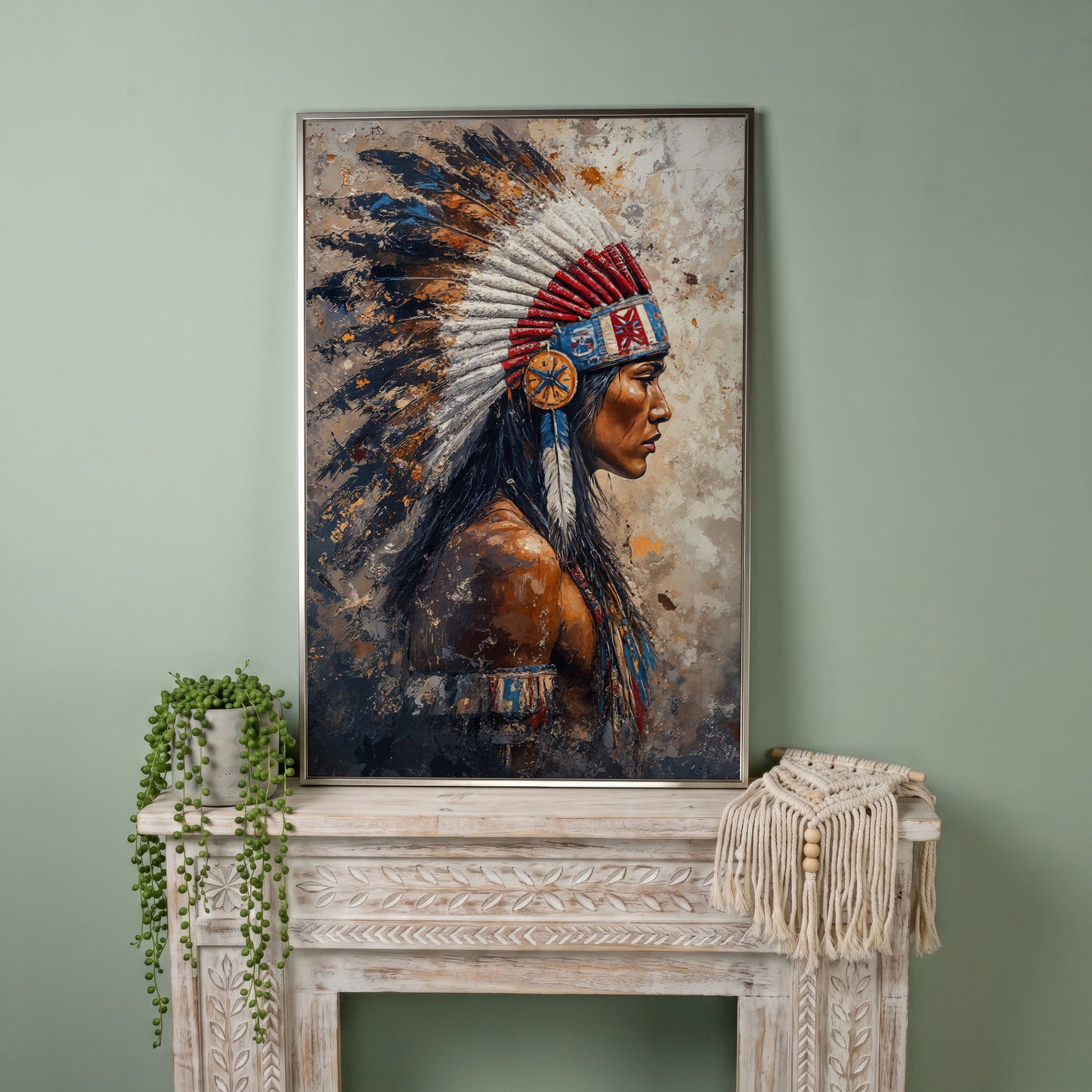 Native American Chief with Feather Headdress Canvas Art in silver floating frame
