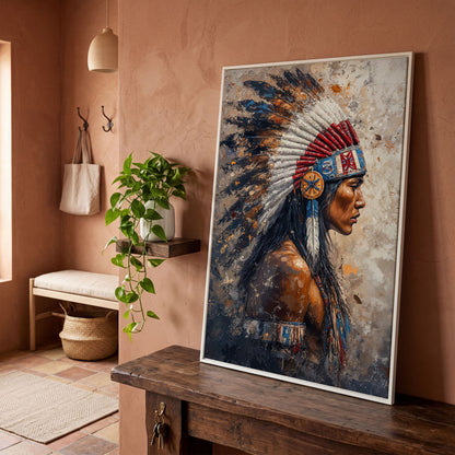 Native American Chief with Feather Headdress Canvas Art in white floating frame