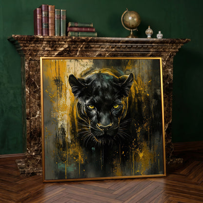 Black Panther Canvas Art with Abstract Accents in antique gold floating frame