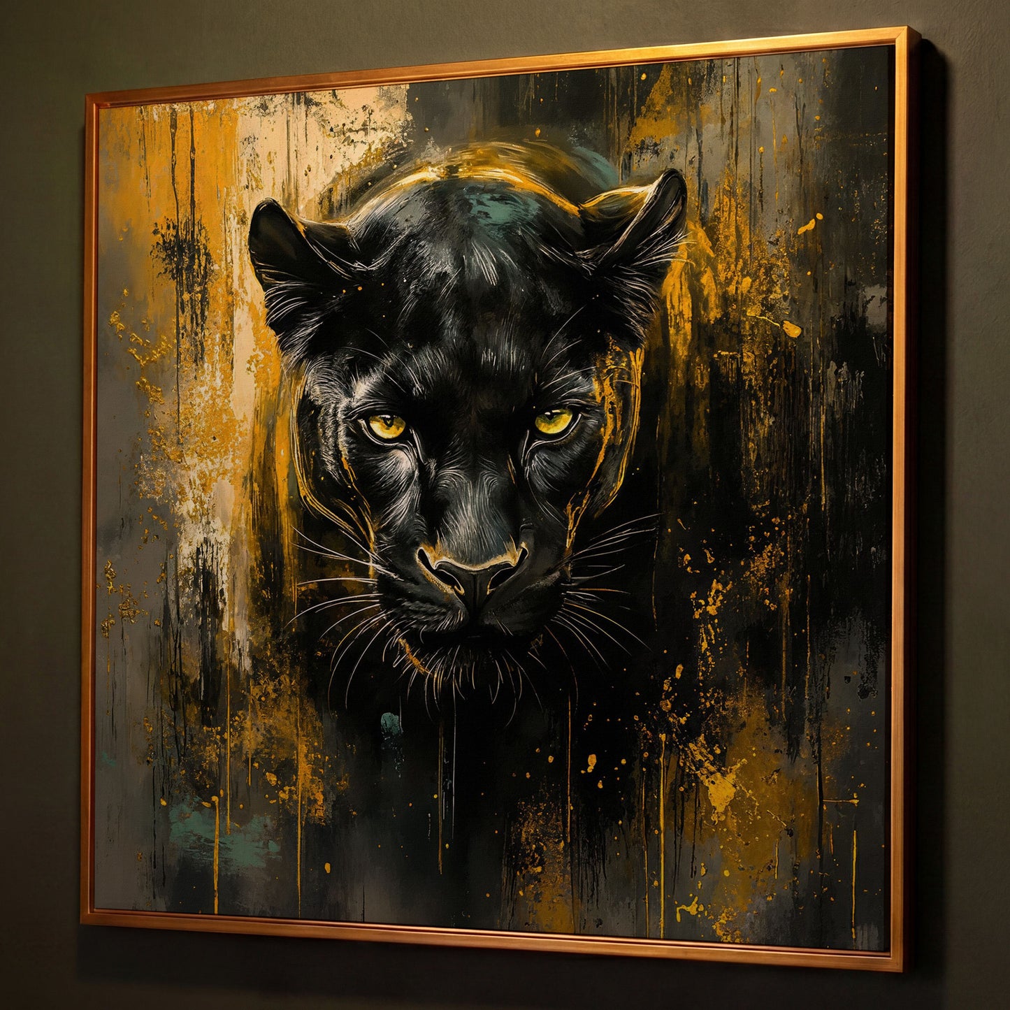 Black Panther Canvas Art with Abstract Accents shown in antique gold floating frame