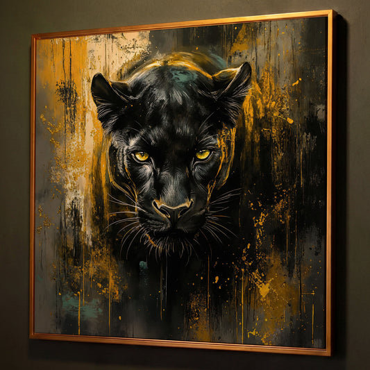 Black Panther Canvas Art with Abstract Accents shown in antique gold floating frame